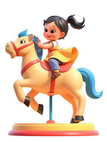 小孩在游乐园玩耍木马