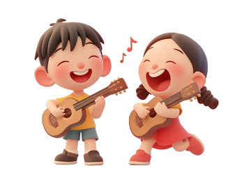 两个小孩弹吉他唱歌