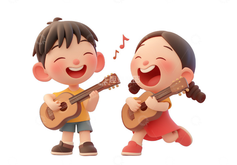 高清大图下载【趣麦麦图】两个小孩弹吉他唱歌