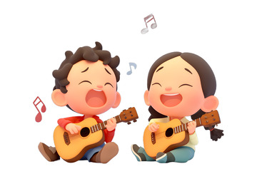 两个小孩弹吉他唱歌Q版