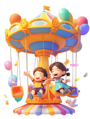 小孩在游乐园玩耍旋转木马