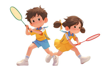 小孩男女打网球羽毛球运动娱乐