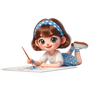 趴在地上画画的3D卡通女孩素材