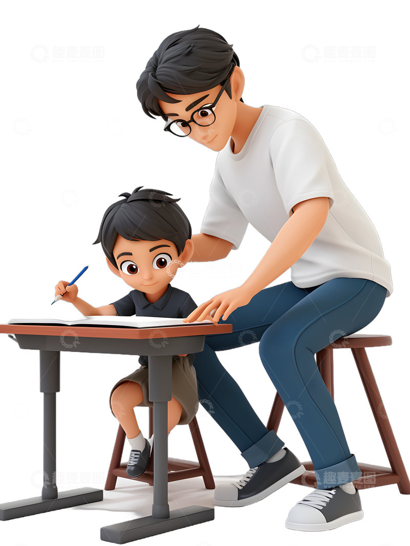 父亲与儿子一起补课补习学习写作业学习辅导