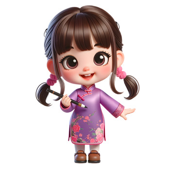 拿着毛笔的可爱3D卡通人物素材