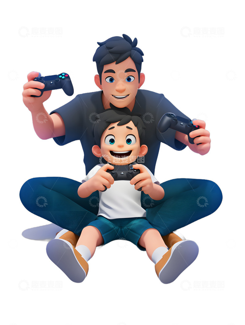 高清大图下载【趣麦麦图】父亲与儿子一起打游戏开心