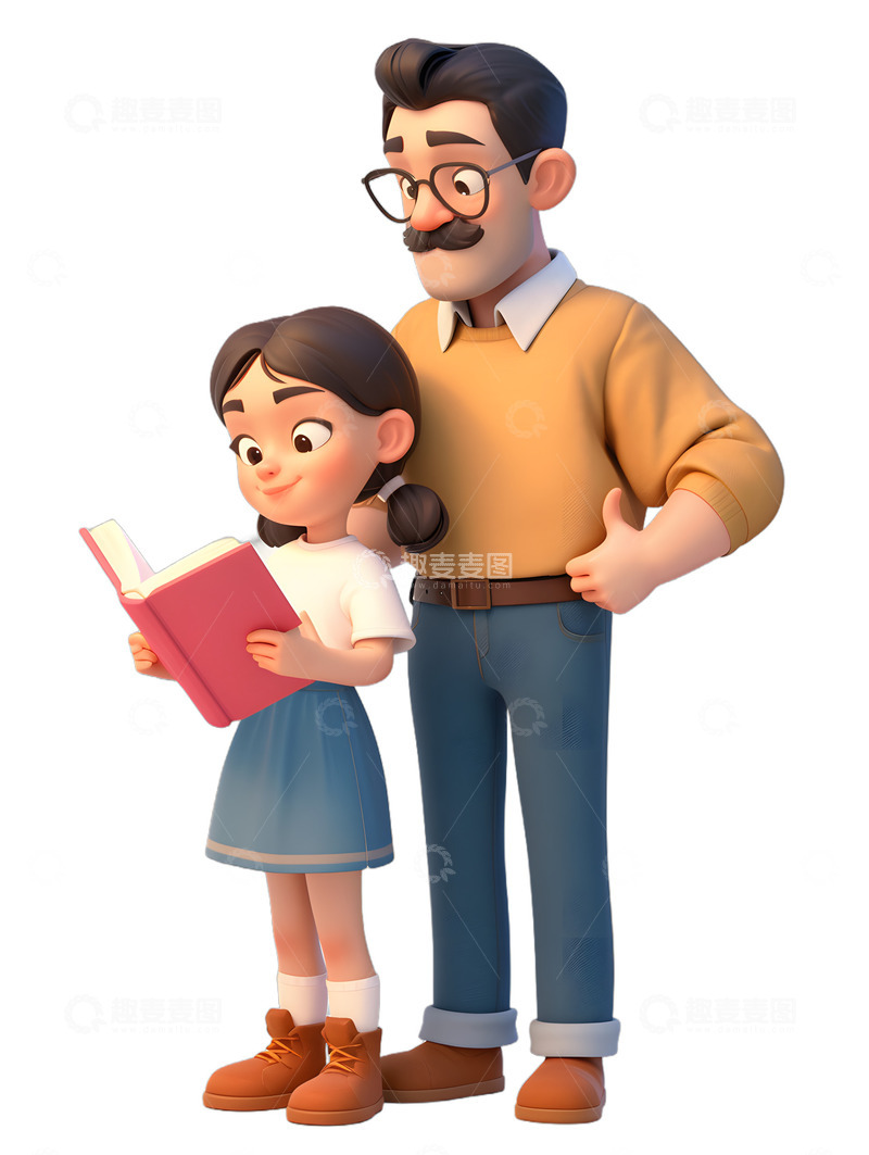 高清大图下载【趣麦麦图】父女看书阅读看书卡通父亲节