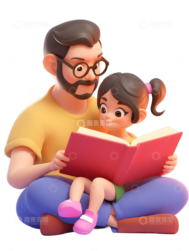 高清大图下载【趣麦麦图】父女看书阅读看书卡通
