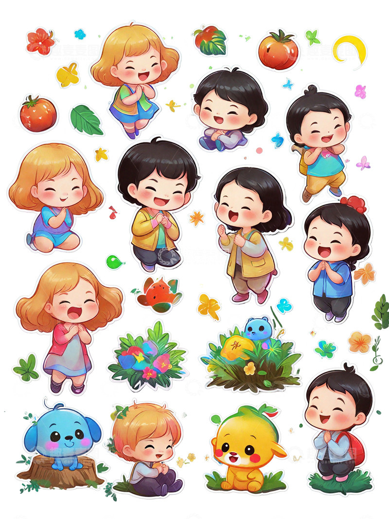 高清大图下载【趣麦麦图】六一儿童节 小女孩   草地 番茄 小狗