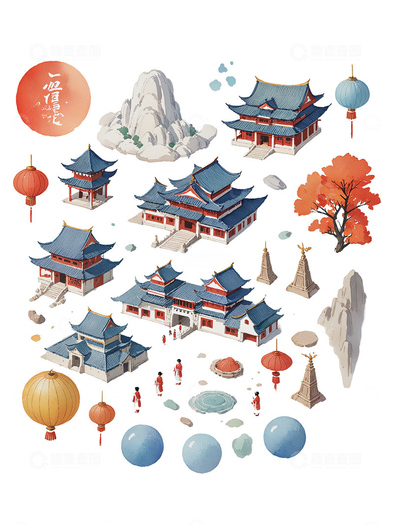 中国风，古代建筑 假山 树木 灯笼