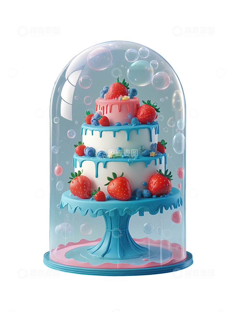 高清大图下载【趣麦麦图】草莓蛋糕 气泡 奶油蛋糕 草莓 3D