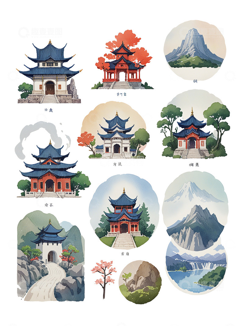 高清大图下载【趣麦麦图】中国风，古代建筑 假山 树木 插画 山川
