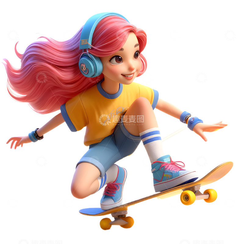 高清大图下载【趣麦麦图】潮流滑板女孩3D卡通风格素材