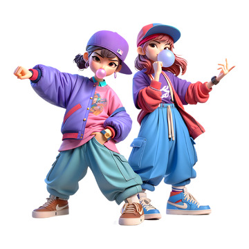 两个街舞潮流3D卡通女孩素材