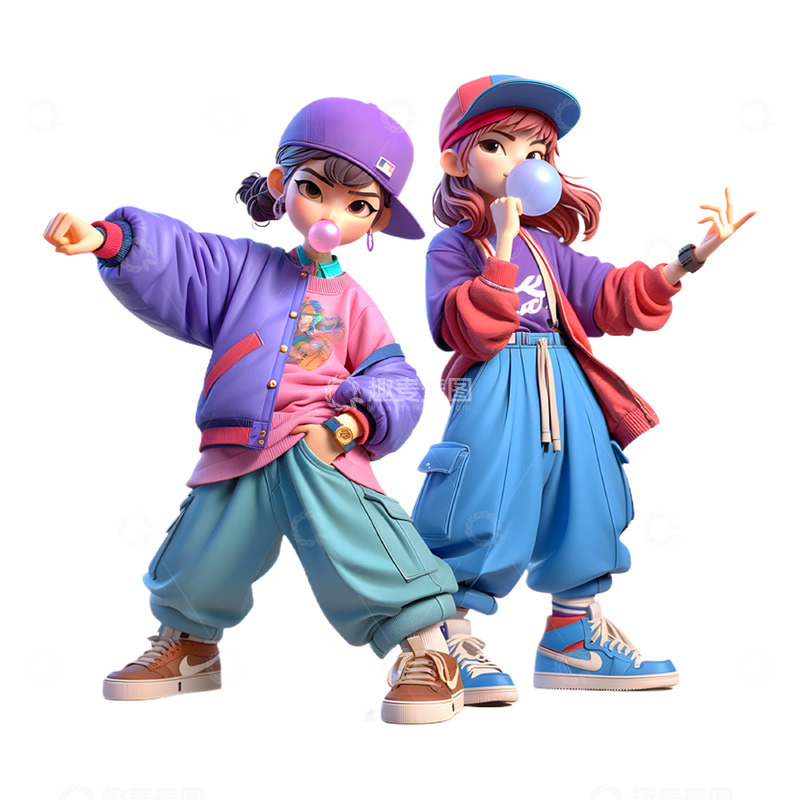 高清大图下载【趣麦麦图】-两个街舞潮流3D卡通女孩素材