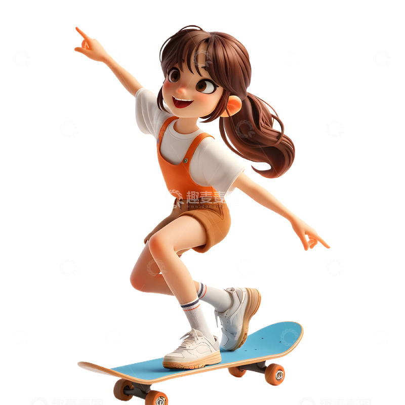 高清大图下载【趣麦麦图】玩滑板的可爱女生3D人物素材