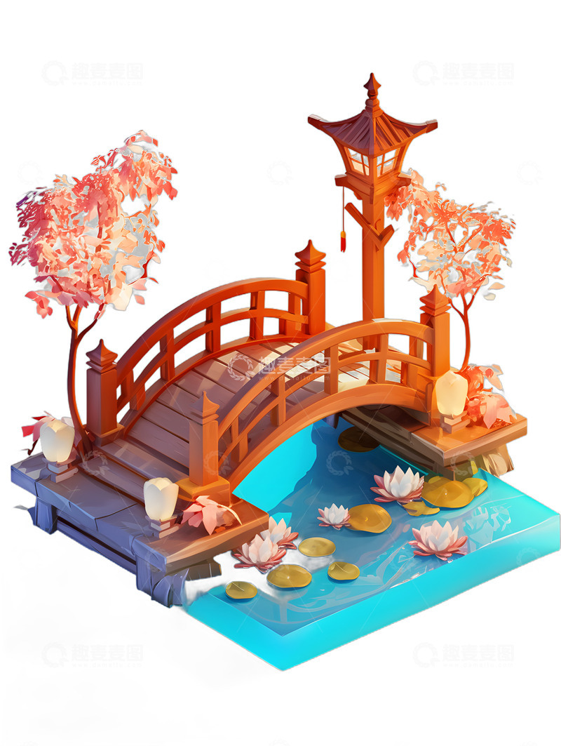 高清大图下载【趣麦麦图】中式卡通木桥园林
