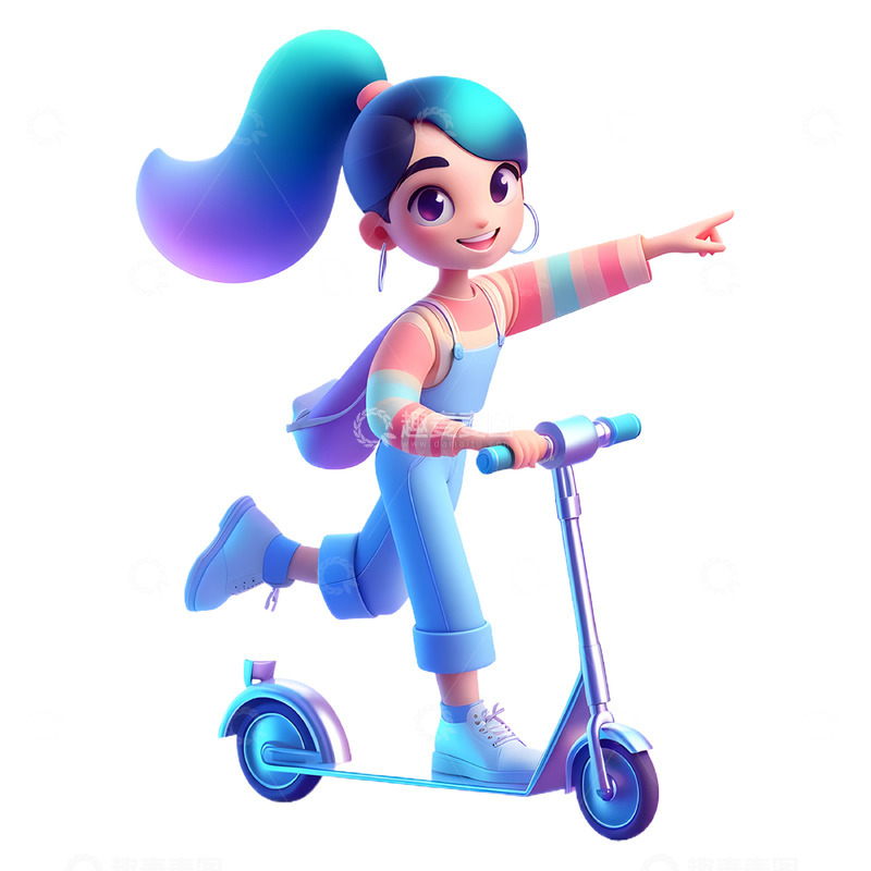 高清大图下载【趣麦麦图】滑平板车的卡通3D女孩素材