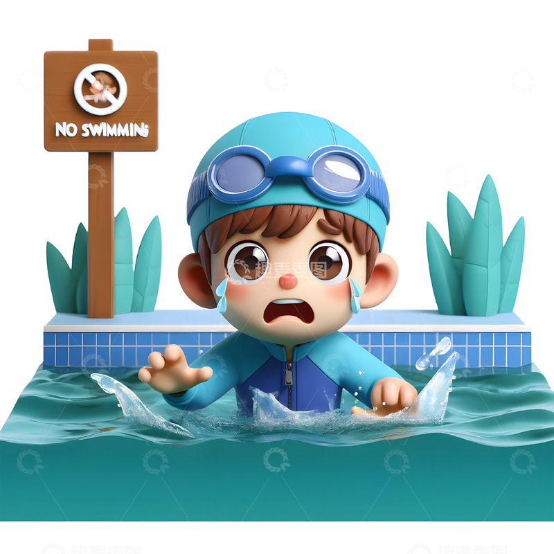 高清大图下载【趣麦麦图】禁止游泳暑期警示3D卡通人物素材