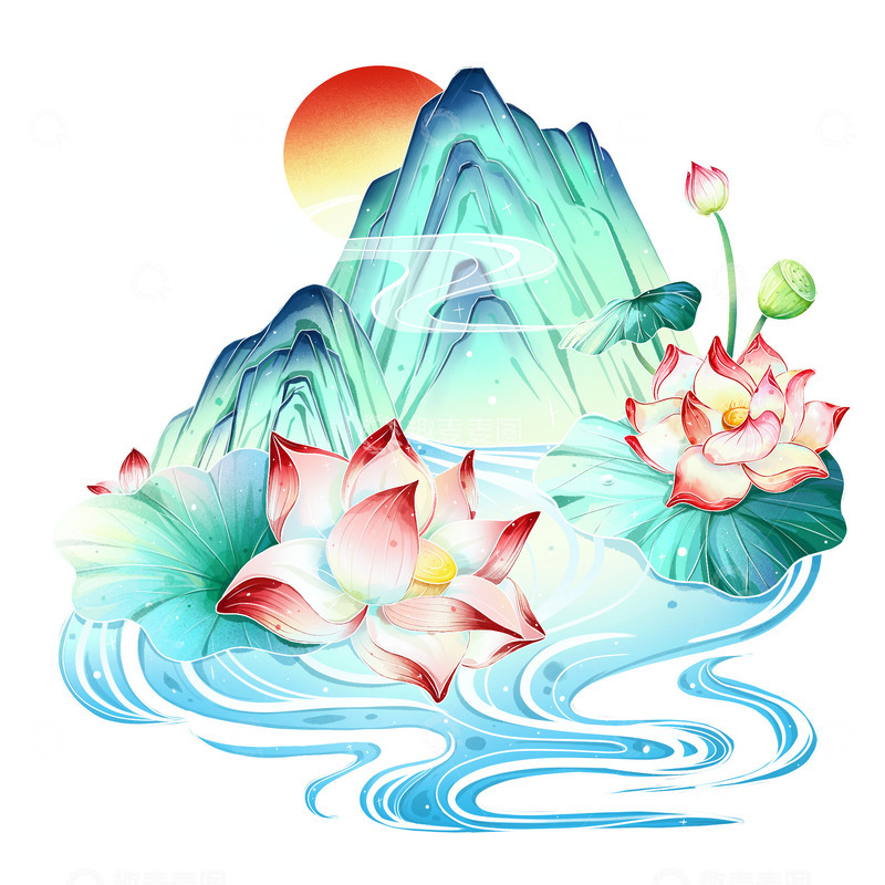 源文件下载【趣麦麦图】国风山水荷花