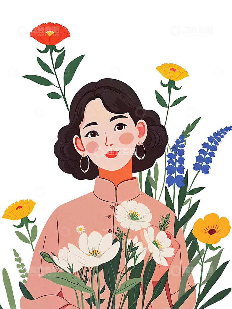 高清大图下载【趣麦麦图】花环少女  花卉 扁平风  插画 漂亮