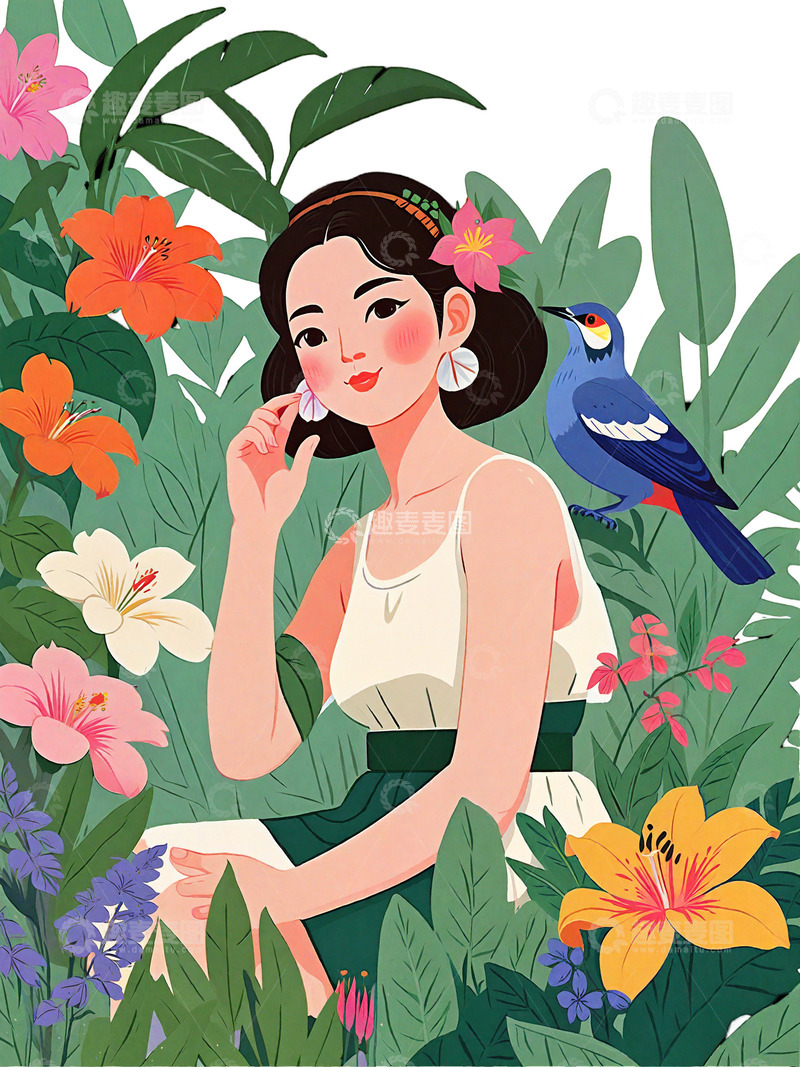 高清大图下载【趣麦麦图】妇女节 美女 花卉 绿色 扁平风