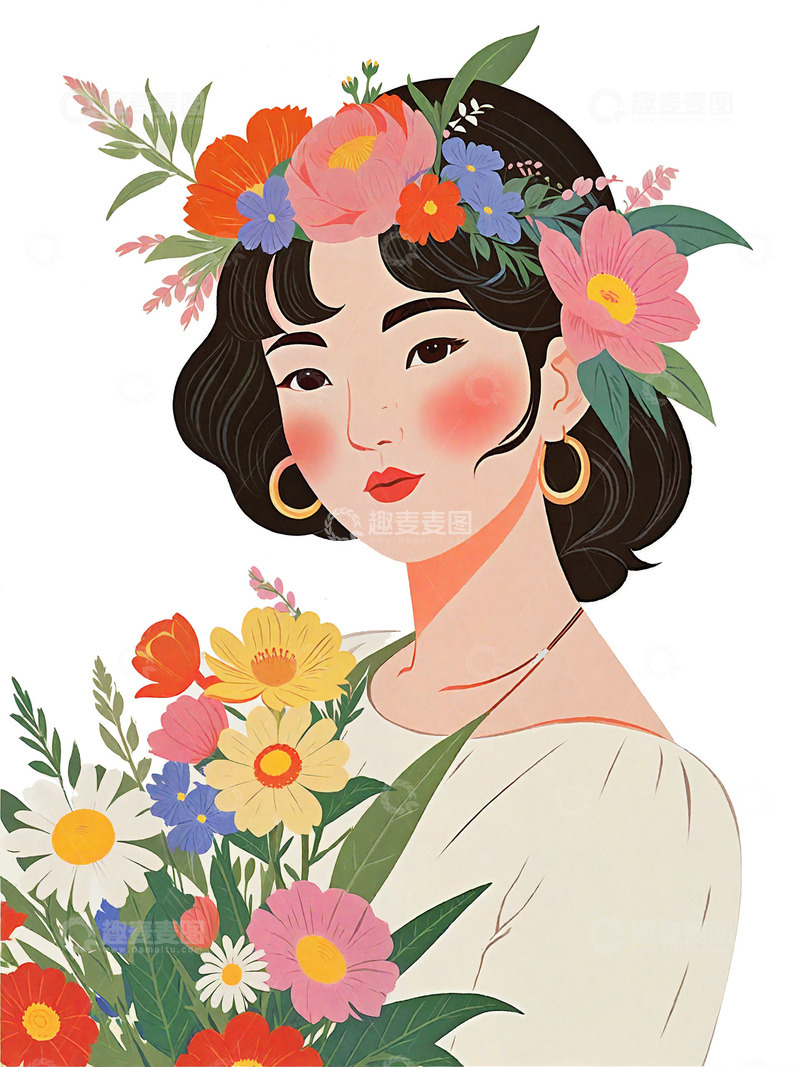 高清大图下载【趣麦麦图】妇女节 花卉 绿色 扁平风 花环少女