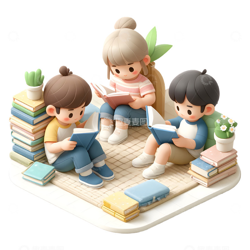 高清大图下载【趣麦麦图】正在阅读的卡通3D儿童人物素材