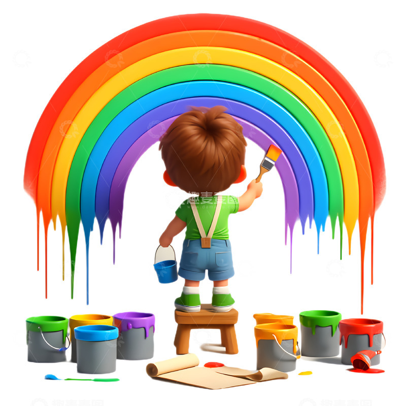 高清大图下载【趣麦麦图】画彩虹的可爱男孩卡通人物素材