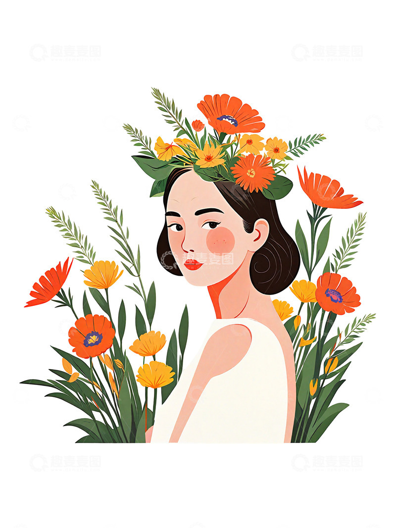 高清大图下载【趣麦麦图】妇女节  花环少女  花卉