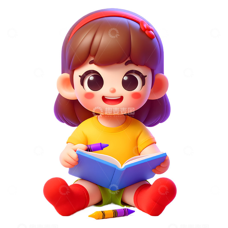 高清大图下载【趣麦麦图】卡通3D女孩看书学习素材