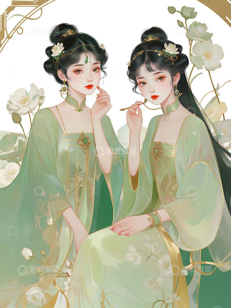 高清大图下载【趣麦麦图】古风美女 中国风 双人 花卉 中国美人