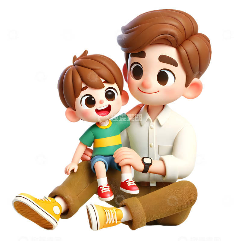 高清大图下载【趣麦麦图】坐在爸爸腿上的可爱男孩3D卡通人物