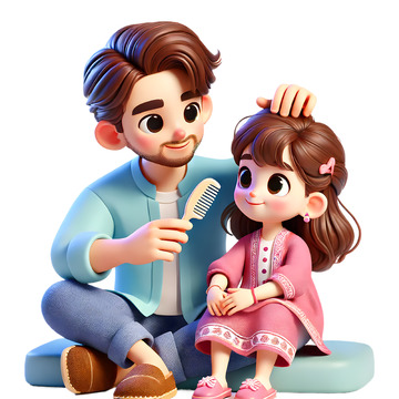 爸爸在给女儿梳头发卡通3D人物场景