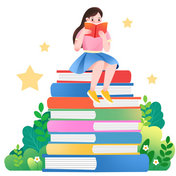 坐在书堆上看书阅读学习女孩元素