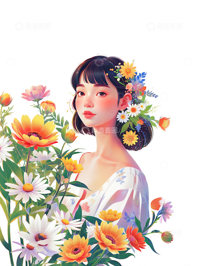 高清大图下载【趣麦麦图】治愈插画  少女 花卉 植物 母亲节