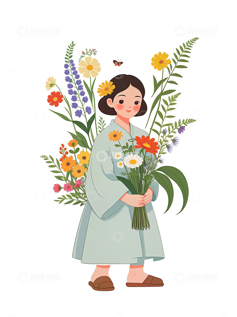 高清大图下载【趣麦麦图】扁平风 治愈插画 可爱少女 花卉