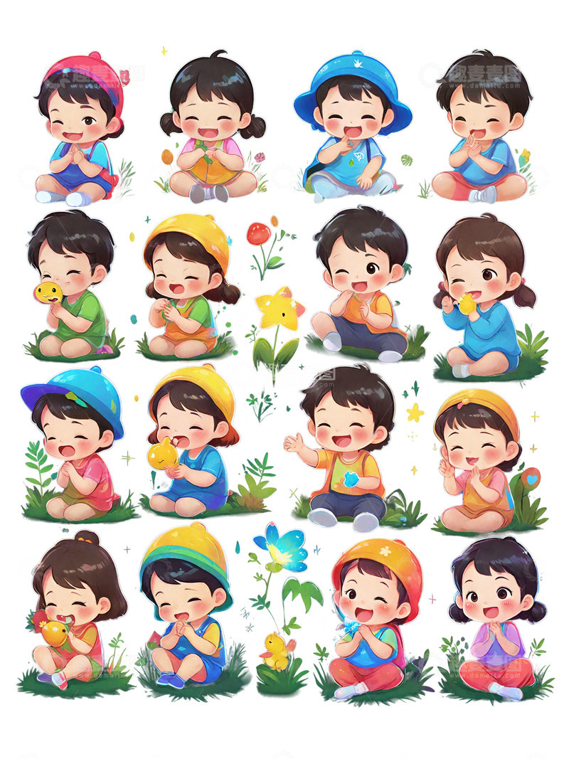 高清大图下载【趣麦麦图】六一儿童节,小女孩,小男孩,草地,玩耍