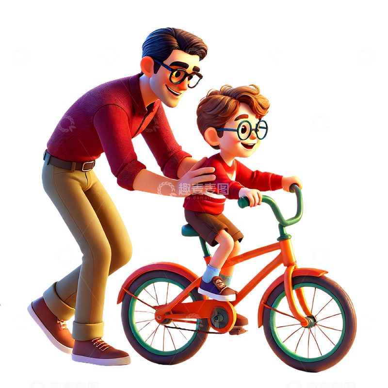 高清大图下载【趣麦麦图】父亲教儿子骑自行车场景3D人物素材
