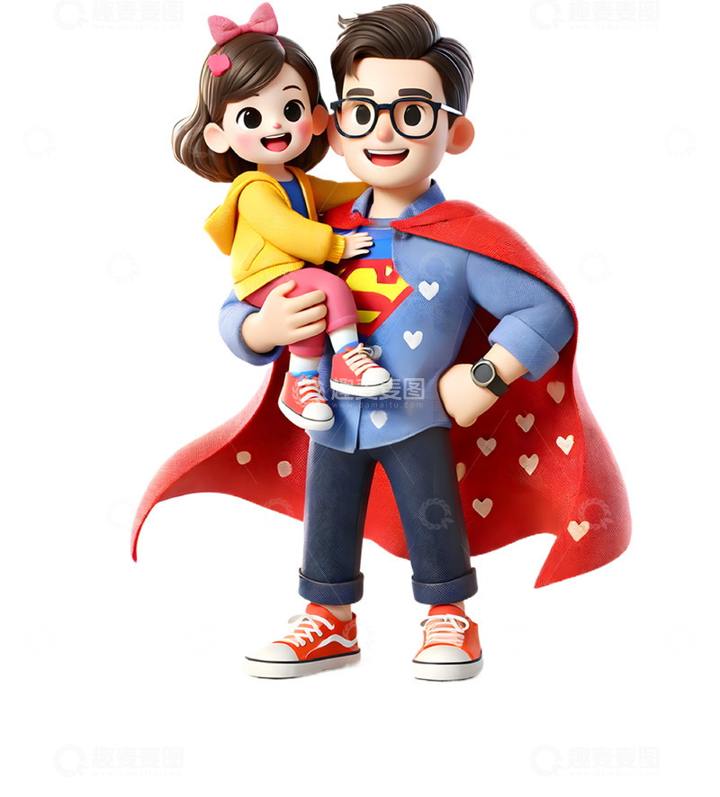 高清大图下载【趣麦麦图】超人爸爸抱着可爱女儿卡通3D人物素材
