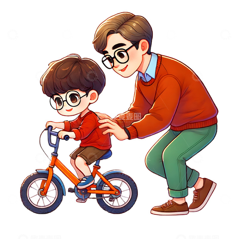 高清大图下载【趣麦麦图】扶儿子骑自行车场景卡通人物素材