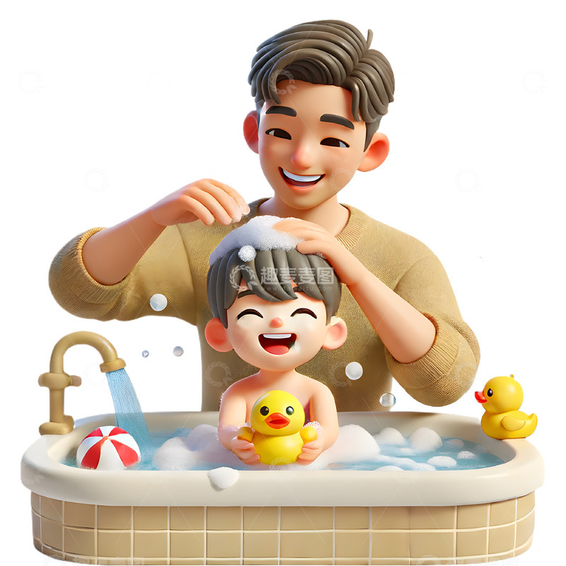 高清大图下载【趣麦麦图】给儿子洗澡的爸爸卡通3D人物素材