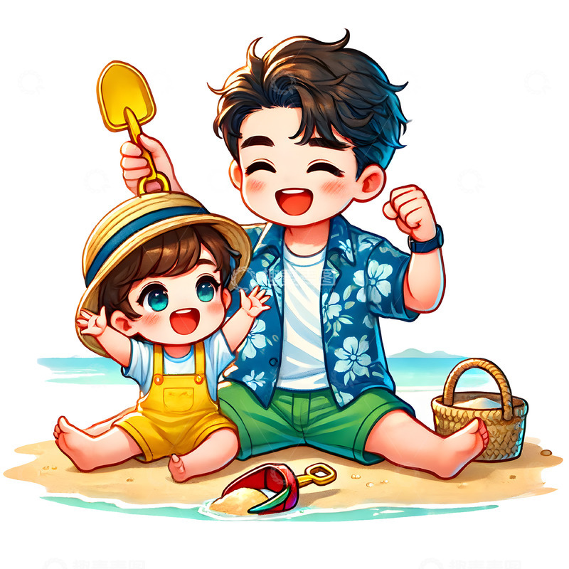 高清大图下载【趣麦麦图】在海滩上玩耍的父子卡通人物素材