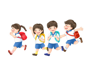 学生孩子背书包一起去上学手绘人物