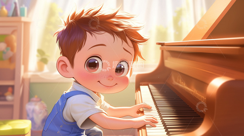 男孩弹钢琴音乐学习
