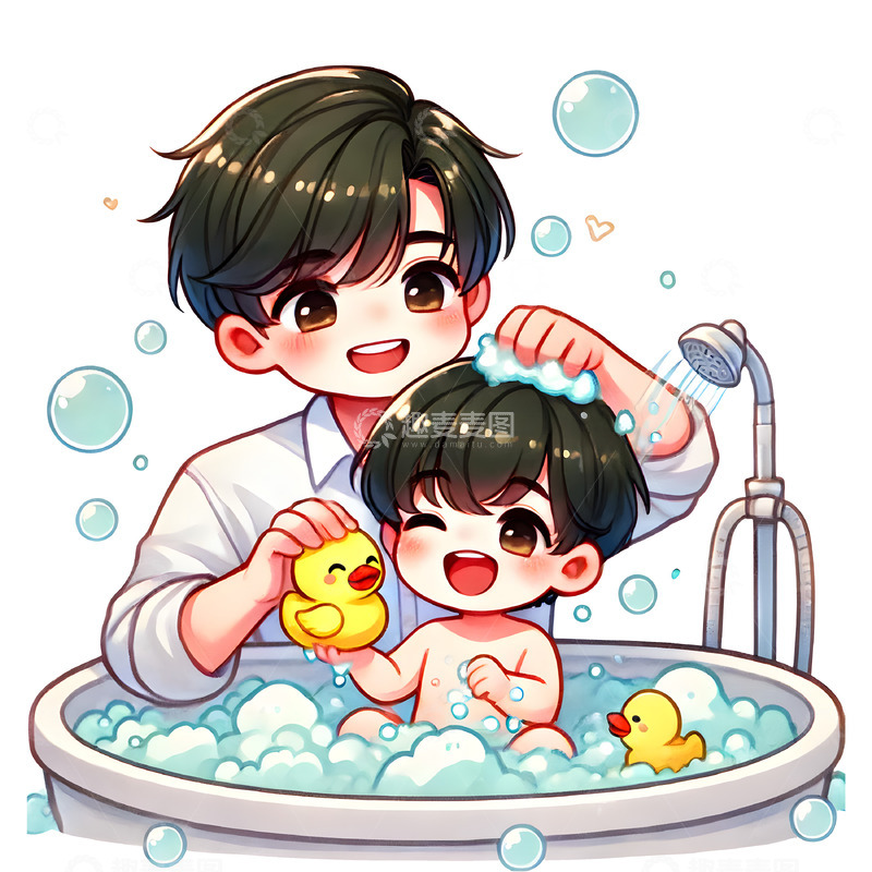 高清大图下载【趣麦麦图】爸爸给孩子洗澡场景卡通插画素材