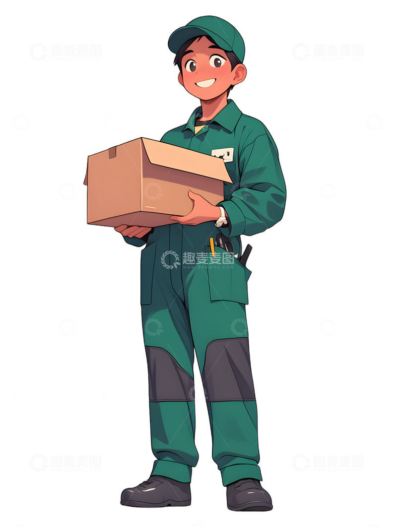 高清大图下载【趣麦麦图】快递物流配送快递员送货外卖员手绘开心绿色