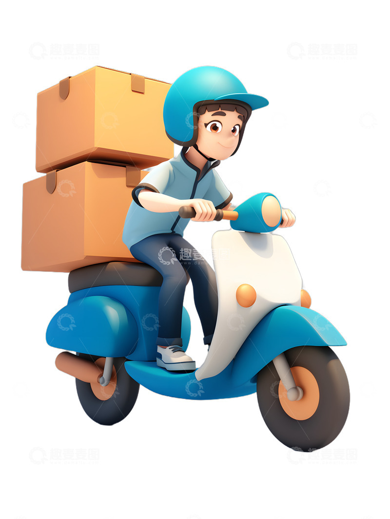 高清大图下载【趣麦麦图】快递物流配送快递员送货电瓶车男生蓝色