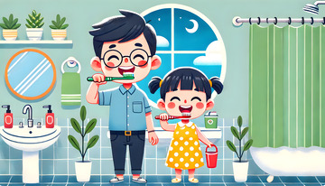爸爸带女儿一起刷牙插画场景图