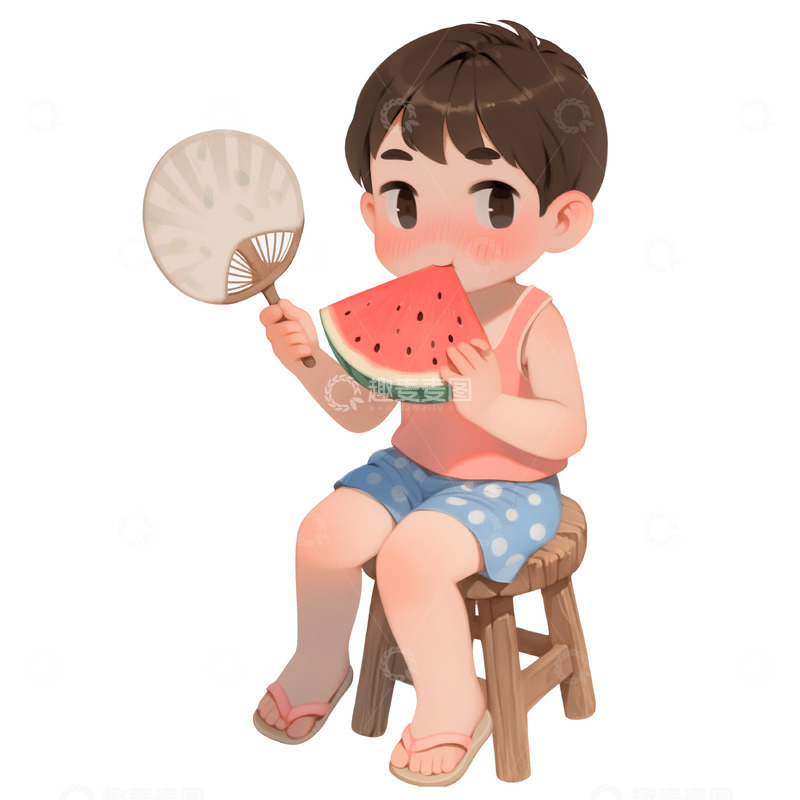 高清大图下载【趣麦麦图】-手拿扇子吃西瓜卡通人物素材